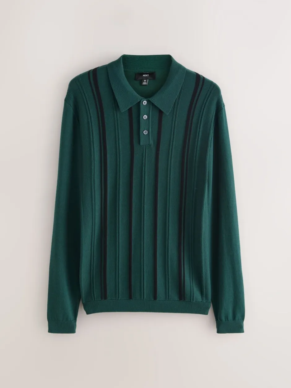 Gebreide Kleding|Poloshirts|Next - Regular-fit poloshirt met lange mouwen, streepdessin en hoog katoengehalte Groen