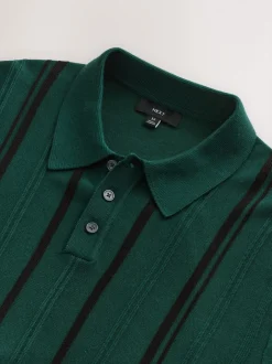 Gebreide Kleding|Poloshirts|Next - Regular-fit poloshirt met lange mouwen, streepdessin en hoog katoengehalte Groen