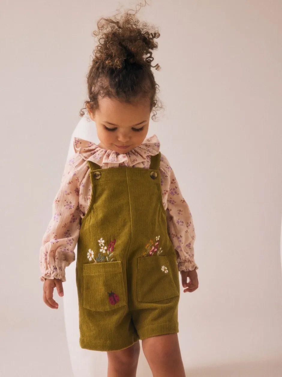Jumpsuits En Playsuits*Next Groen - Set van corduroy bretelbroeken met bloemenprint, blouse en panty's (3mnd -7jr)