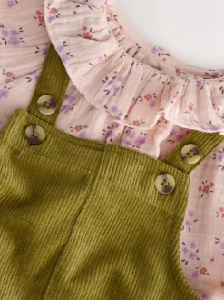Jumpsuits En Playsuits*Next Groen - Set van corduroy bretelbroeken met bloemenprint, blouse en panty's (3mnd -7jr)