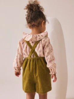 Jumpsuits En Playsuits*Next Groen - Set van corduroy bretelbroeken met bloemenprint, blouse en panty's (3mnd -7jr)