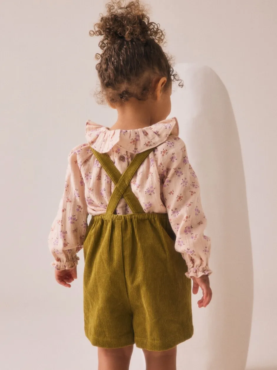 Jumpsuits En Playsuits*Next Groen - Set van corduroy bretelbroeken met bloemenprint, blouse en panty's (3mnd -7jr)