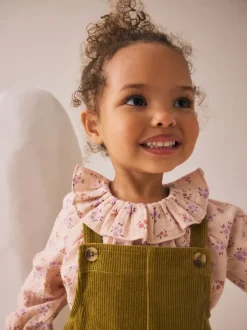 Jumpsuits En Playsuits*Next Groen - Set van corduroy bretelbroeken met bloemenprint, blouse en panty's (3mnd -7jr)