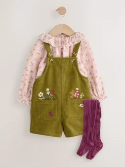 Jumpsuits En Playsuits*Next Groen - Set van corduroy bretelbroeken met bloemenprint, blouse en panty's (3mnd -7jr)