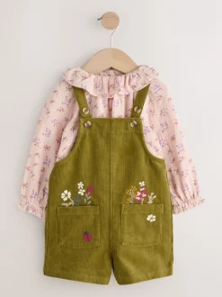 Jumpsuits En Playsuits*Next Groen - Set van corduroy bretelbroeken met bloemenprint, blouse en panty's (3mnd -7jr)