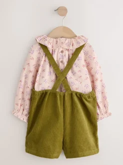 Jumpsuits En Playsuits*Next Groen - Set van corduroy bretelbroeken met bloemenprint, blouse en panty's (3mnd -7jr)