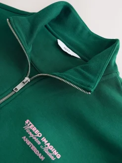 Sweaters En Hoody´S|Sweaters En Hoody´S*Next - Simple Text Graphic Print Quarter Zip Neck Sweatshirt Groen
