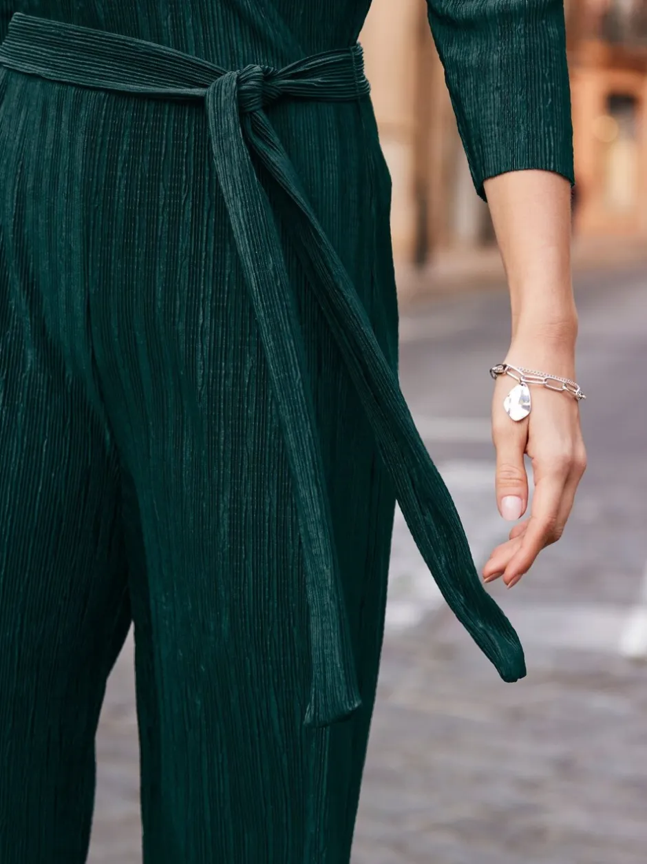 Jumpsuits En Playsuits|Sosandar - plissé jumpsuit met overslag aan de voorkant Groen