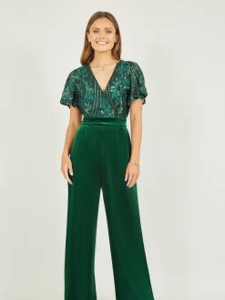 Jumpsuits En Playsuits*Yumi - jumpsuit met engelmouwen, van fluweel en versierd met lovertjes Groen