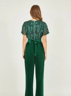 Jumpsuits En Playsuits*Yumi - jumpsuit met engelmouwen, van fluweel en versierd met lovertjes Groen