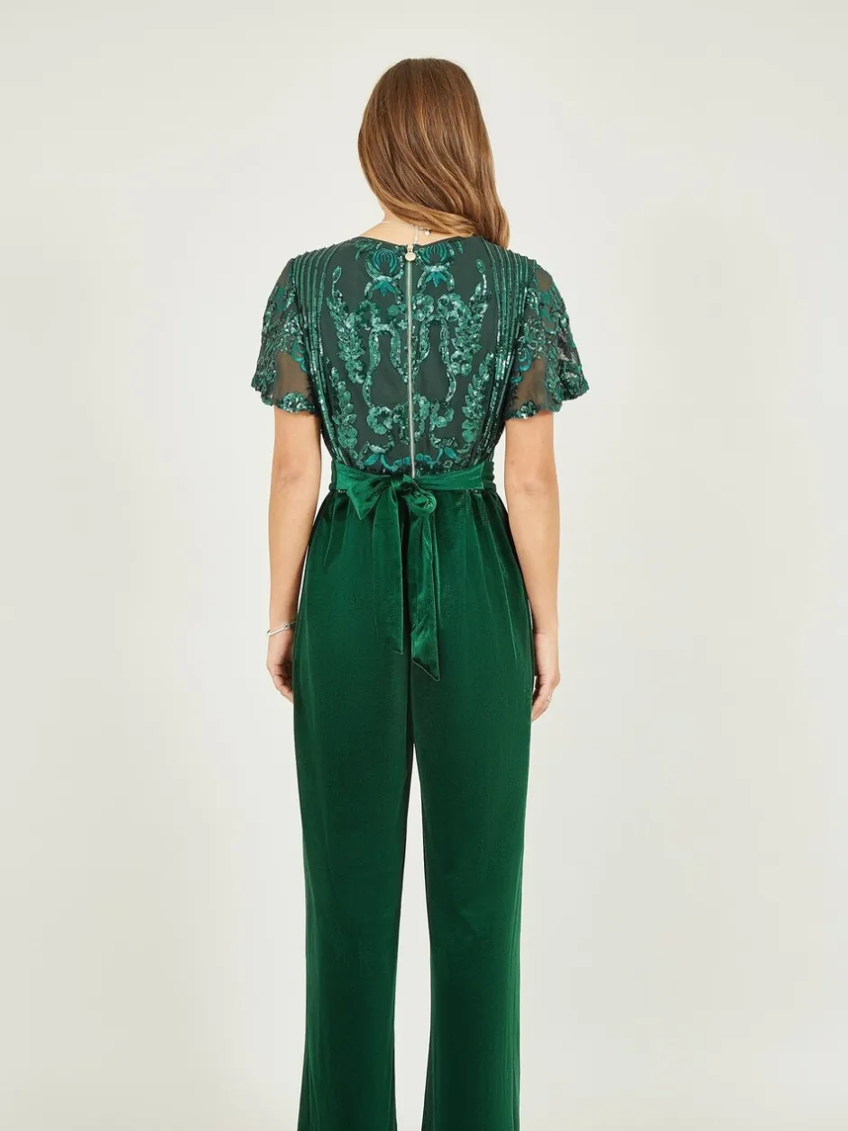 Jumpsuits En Playsuits*Yumi - jumpsuit met engelmouwen, van fluweel en versierd met lovertjes Groen