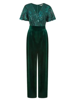 Jumpsuits En Playsuits*Yumi - jumpsuit met engelmouwen, van fluweel en versierd met lovertjes Groen