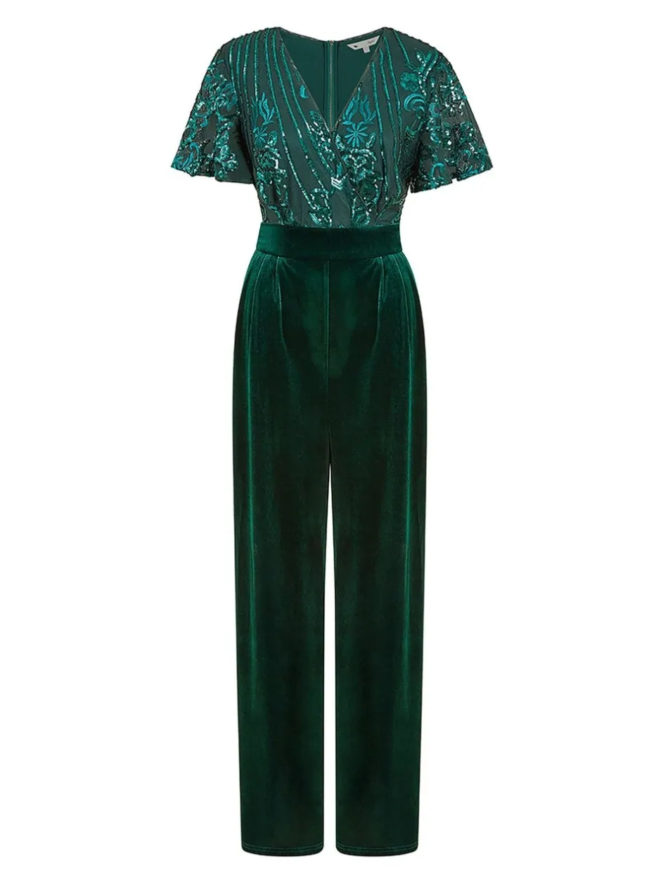 Jumpsuits En Playsuits*Yumi - jumpsuit met engelmouwen, van fluweel en versierd met lovertjes Groen