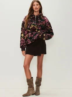 Hoody's En Sweatshirts|Next - Jacquard Teddy Borg Quarter Zip Fleece Sweatshirt Groen bloemmotief