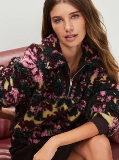 Hoody's En Sweatshirts|Next - Jacquard Teddy Borg Quarter Zip Fleece Sweatshirt Groen bloemmotief