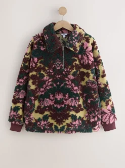 Hoody's En Sweatshirts|Next - Jacquard Teddy Borg Quarter Zip Fleece Sweatshirt Groen bloemmotief