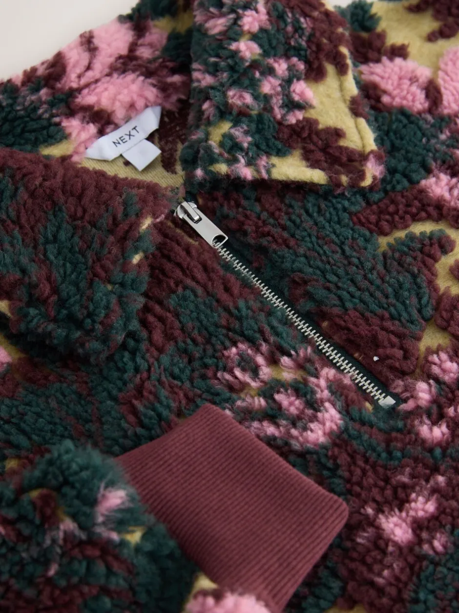 Hoody's En Sweatshirts|Next - Jacquard Teddy Borg Quarter Zip Fleece Sweatshirt Groen bloemmotief