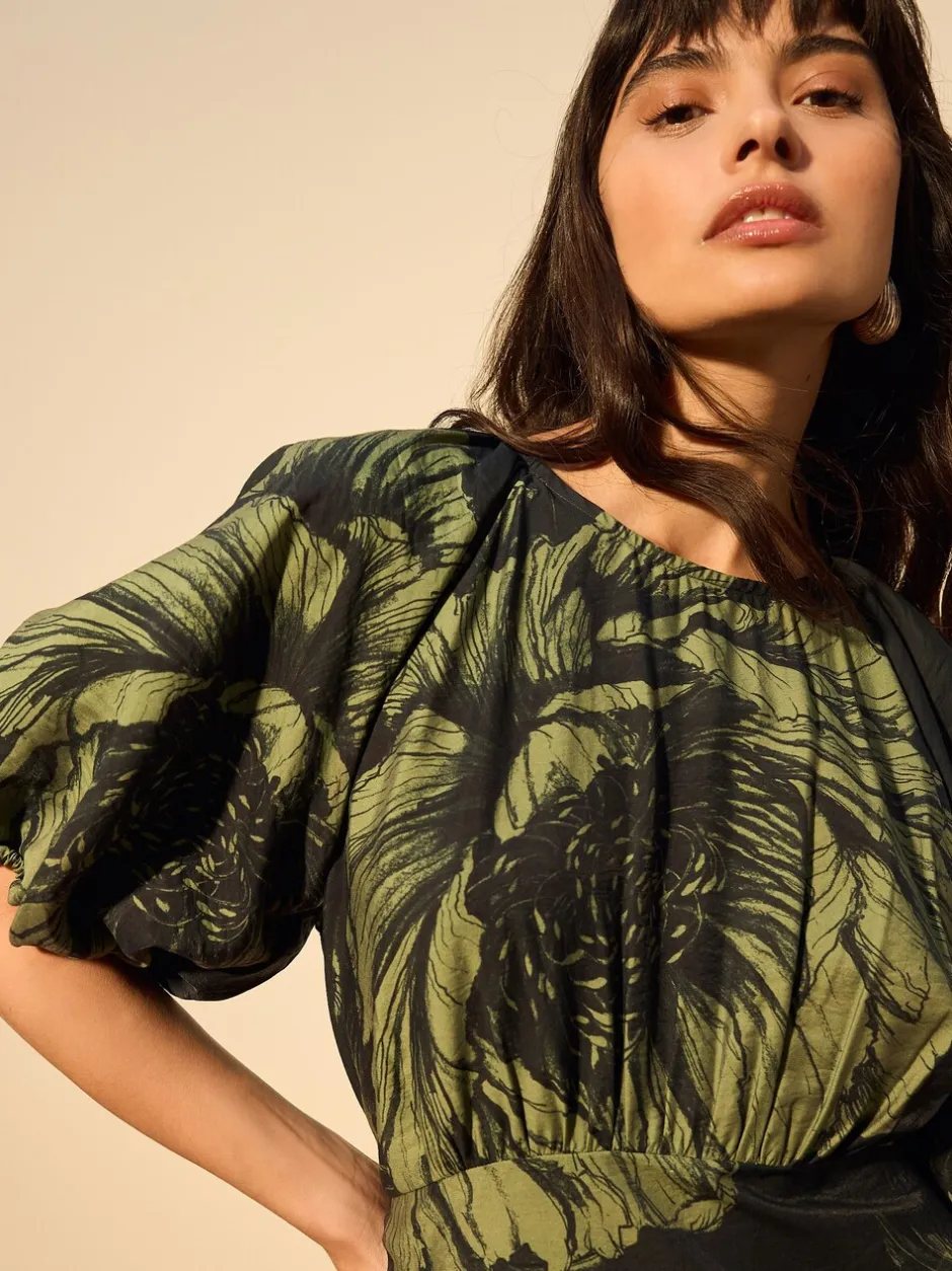 Gelegenheidskleding|Next - Midi-jurk met print en pofmouwen Groen bloemmotief