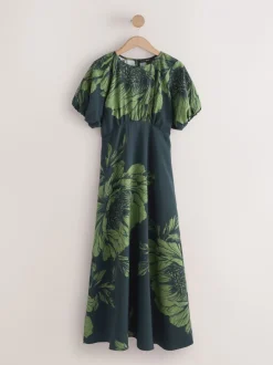 Gelegenheidskleding|Next - Midi-jurk met print en pofmouwen Groen bloemmotief