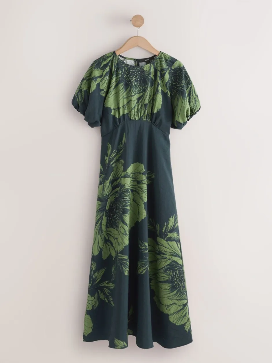 Gelegenheidskleding|Next - Midi-jurk met print en pofmouwen Groen bloemmotief