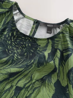 Gelegenheidskleding|Next - Midi-jurk met print en pofmouwen Groen bloemmotief