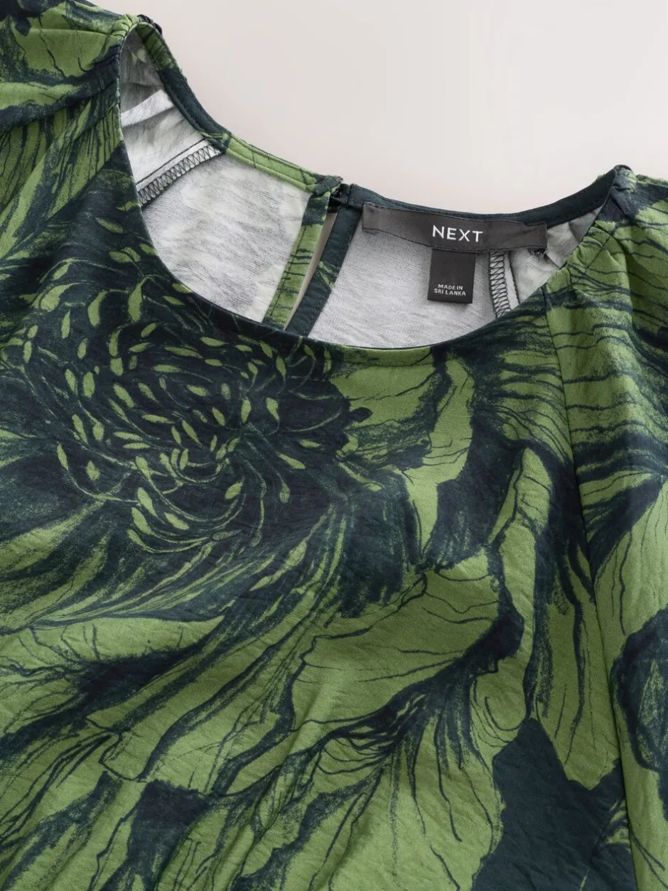 Gelegenheidskleding|Next - Midi-jurk met print en pofmouwen Groen bloemmotief