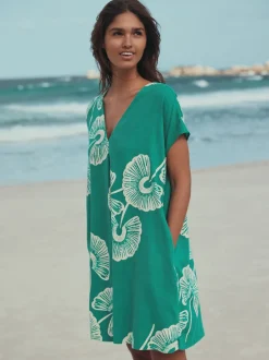 Jurken|Next - Mini Short Sleeve V-Neck Kaftan Dress with Linen Groen bloemmotief