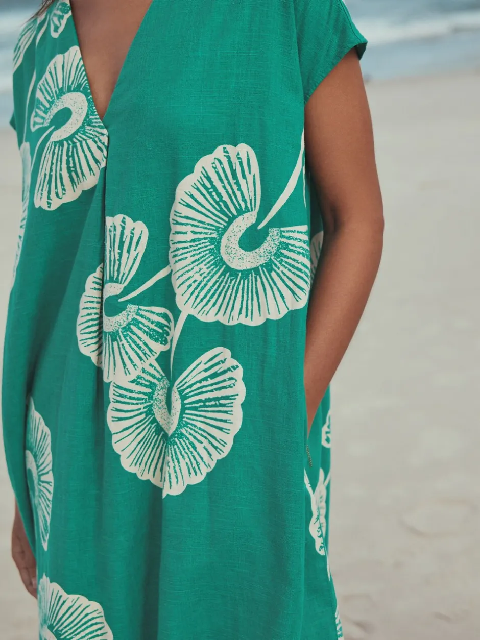 Jurken|Next - Mini Short Sleeve V-Neck Kaftan Dress with Linen Groen bloemmotief