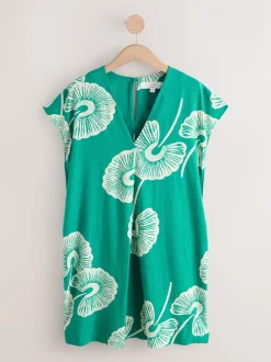 Jurken|Next - Mini Short Sleeve V-Neck Kaftan Dress with Linen Groen bloemmotief