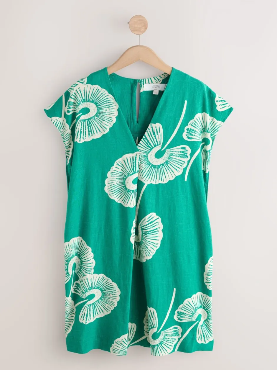 Jurken|Next - Mini Short Sleeve V-Neck Kaftan Dress with Linen Groen bloemmotief