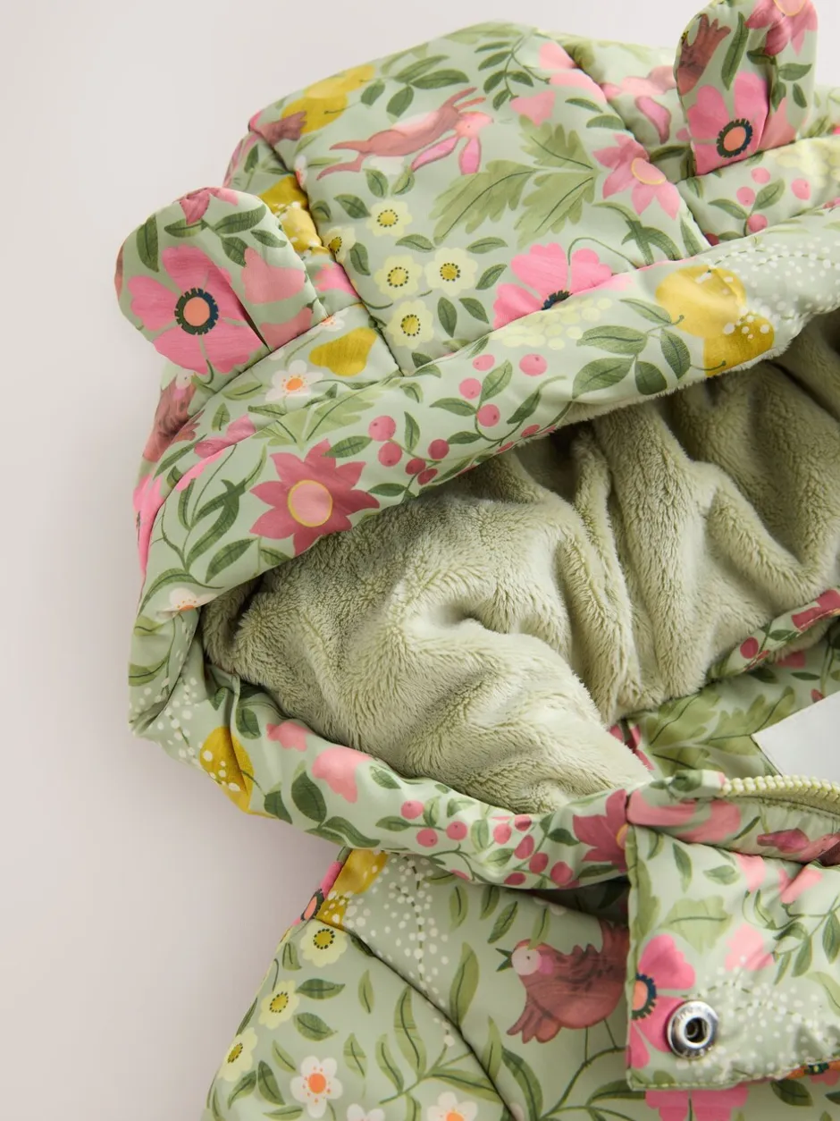 Jassen, Jacks En Kinderwagenpakjes|Jassen En Jacks|Next - Regenbestendige gewatteerde jas met ruches (3mnd -7jr) Groen bloemmotief