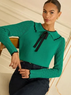 Gebreide Kleding*Love & Roses - gebreide trui met kraag Groen getipte strik