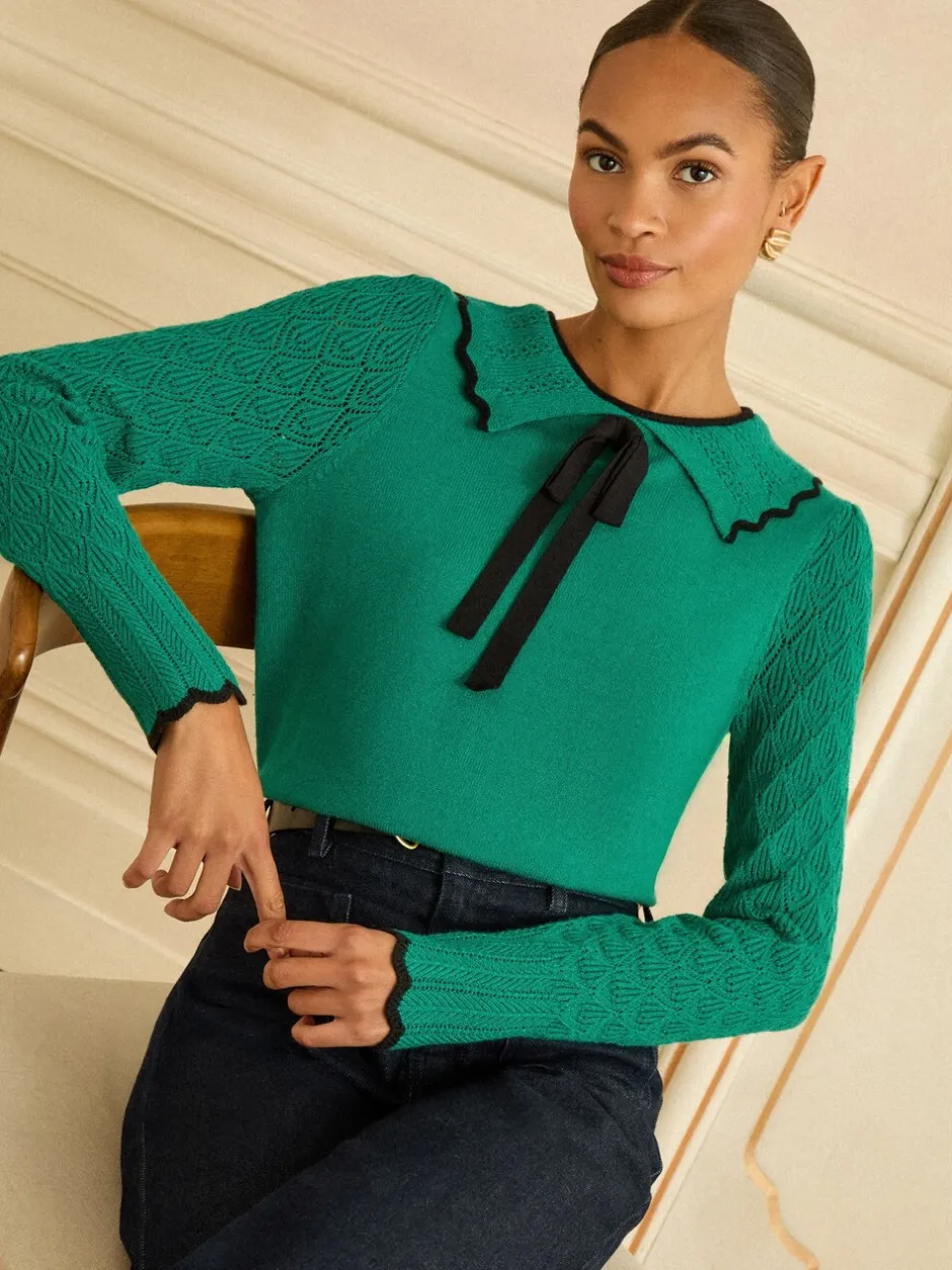 Gebreide Kleding*Love & Roses - gebreide trui met kraag Groen getipte strik