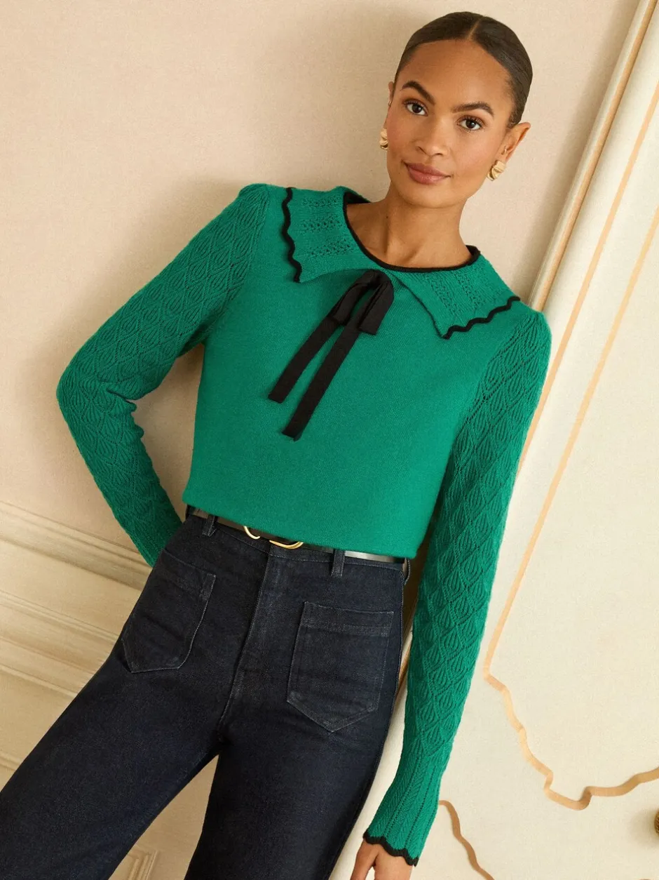 Gebreide Kleding*Love & Roses - gebreide trui met kraag Groen getipte strik
