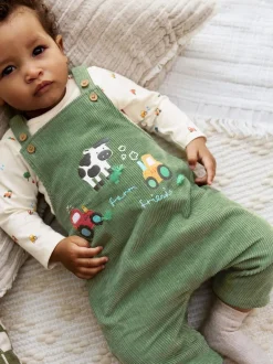 Rompertjes En Tuinbroeken*Next Groen met boerderijprint - Corduroy bretelbroeken en Bodysuit set (0mnd-2jr)