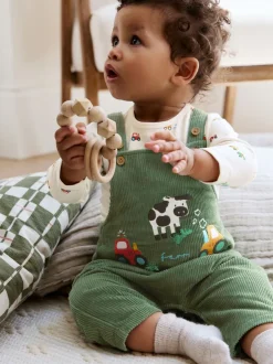 Rompertjes En Tuinbroeken*Next Groen met boerderijprint - Corduroy bretelbroeken en Bodysuit set (0mnd-2jr)