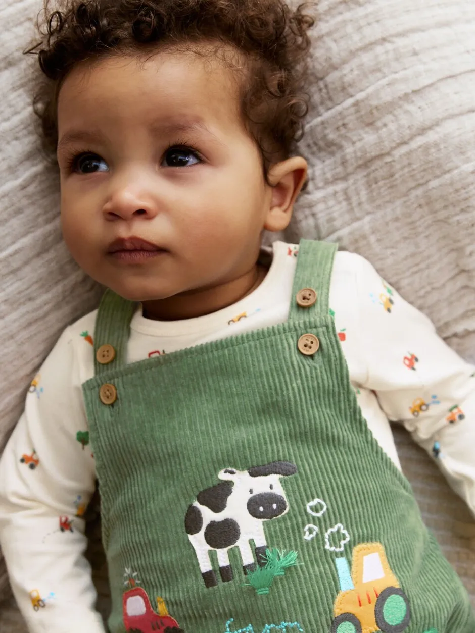 Rompertjes En Tuinbroeken*Next Groen met boerderijprint - Corduroy bretelbroeken en Bodysuit set (0mnd-2jr)