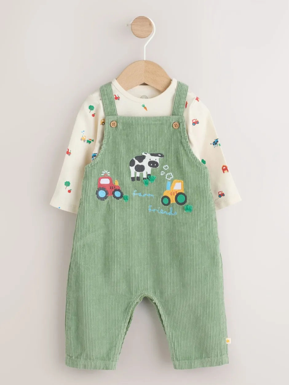 Rompertjes En Tuinbroeken*Next Groen met boerderijprint - Corduroy bretelbroeken en Bodysuit set (0mnd-2jr)