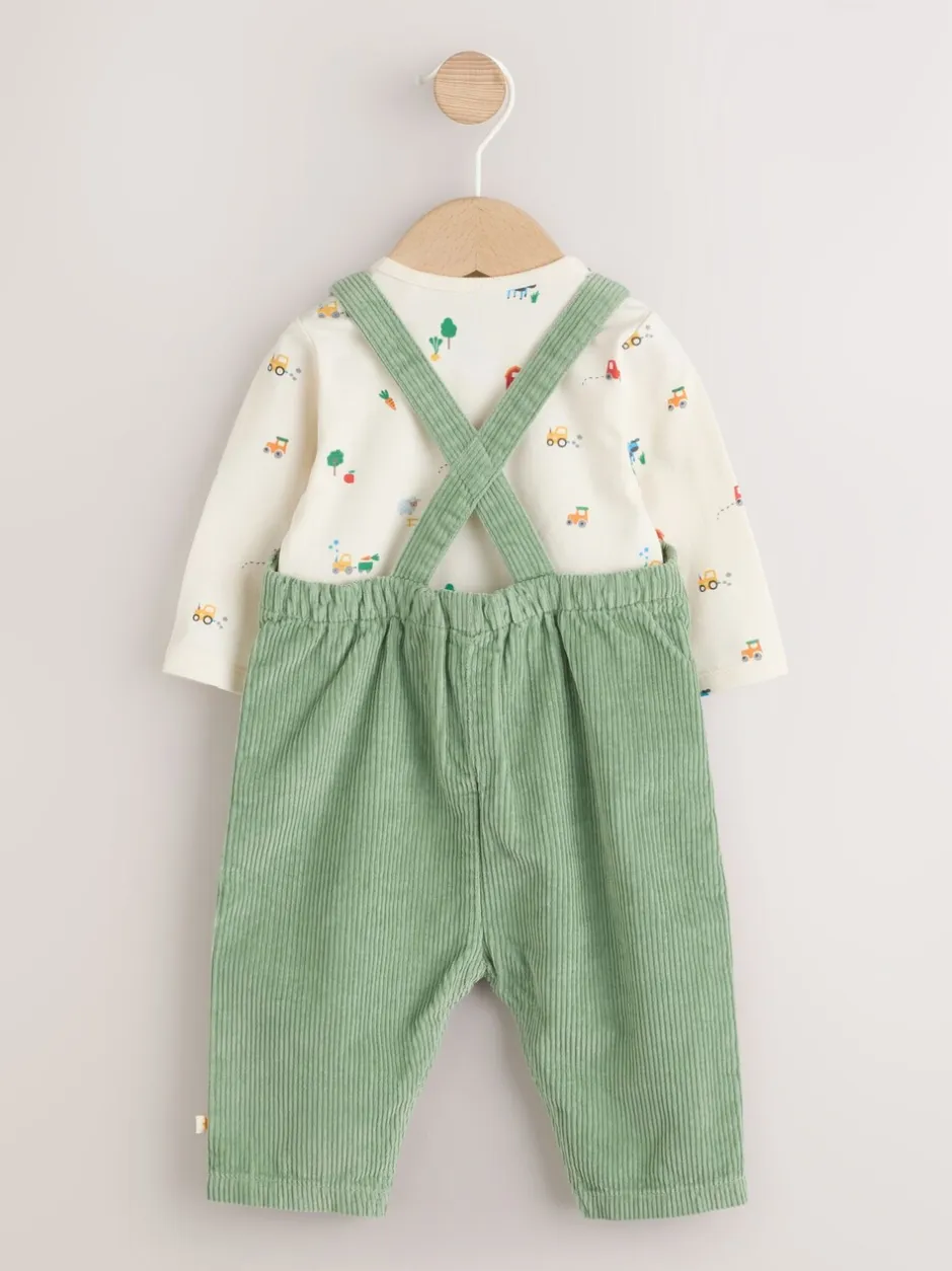 Rompertjes En Tuinbroeken*Next Groen met boerderijprint - Corduroy bretelbroeken en Bodysuit set (0mnd-2jr)