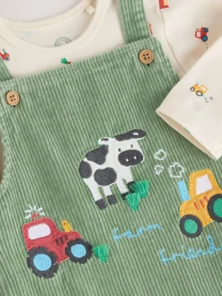 Rompertjes En Tuinbroeken*Next Groen met boerderijprint - Corduroy bretelbroeken en Bodysuit set (0mnd-2jr)