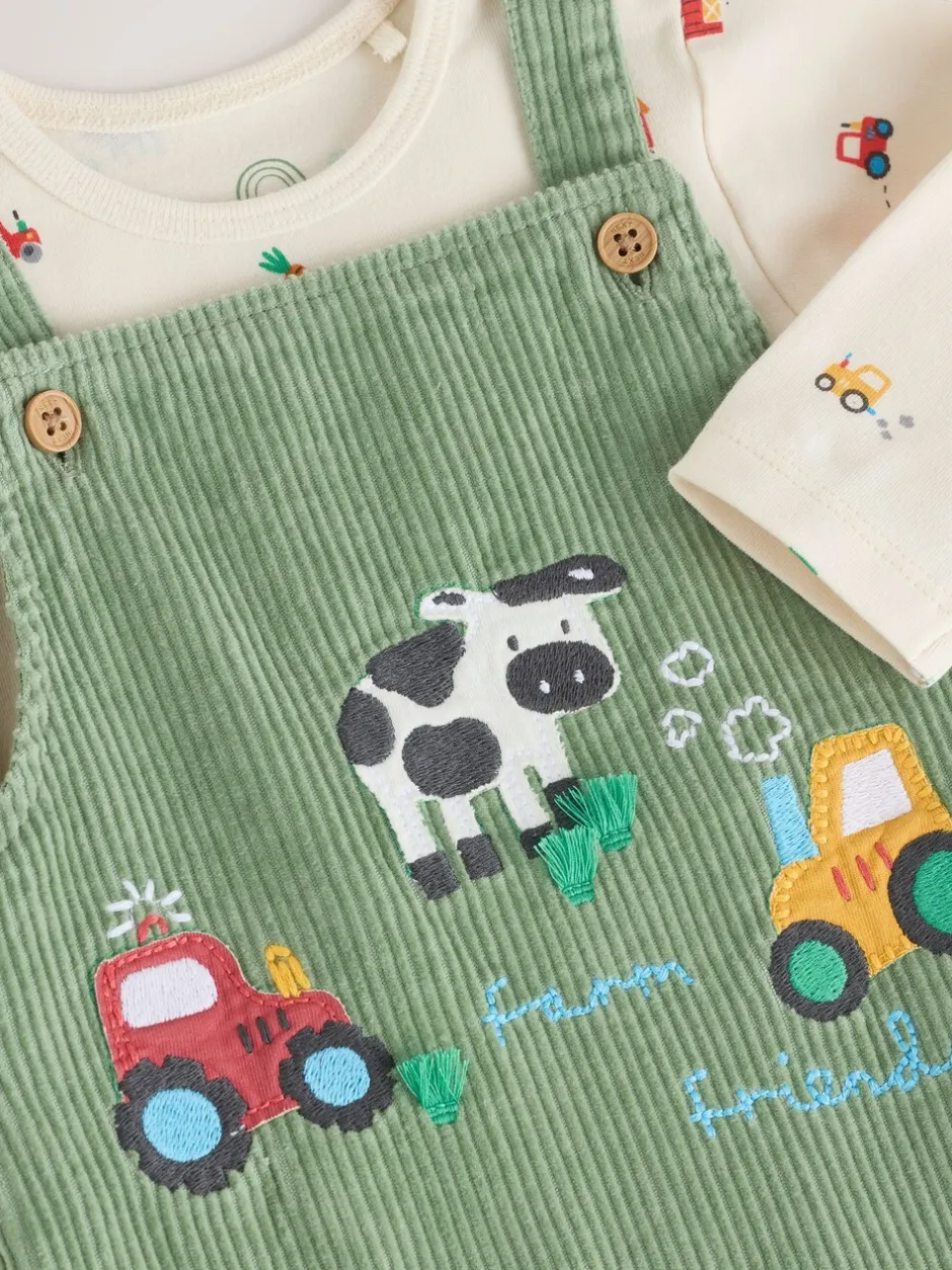 Rompertjes En Tuinbroeken*Next Groen met boerderijprint - Corduroy bretelbroeken en Bodysuit set (0mnd-2jr)