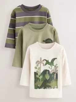 T-Shirts|Tops|Next Groen met dinosaurussen - Set van 3 T-shirts met grafische print en lange mouwen (3mnd-7jr)