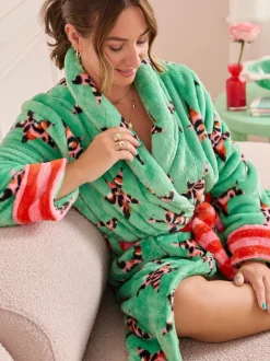 Badjassen|Eleanor Bowmer - Leopard Print Fleece Robe Groen met luipaardprint