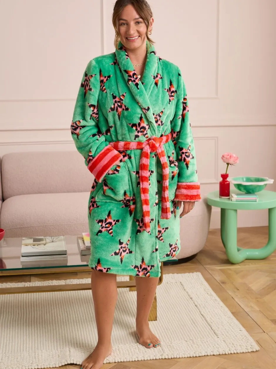 Badjassen|Eleanor Bowmer - Leopard Print Fleece Robe Groen met luipaardprint