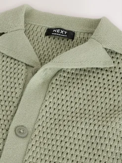 Truien En Breisels|Next - Gebreid poloshirt met reverskraag en korte mouwen met textuur (3mnd -7jr) Groen met palmenprint