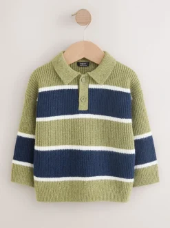 Truien En Breisels|Next - Gebreid gestreept rugbypoloshirt (3mnd-7jr) Groen/blauw