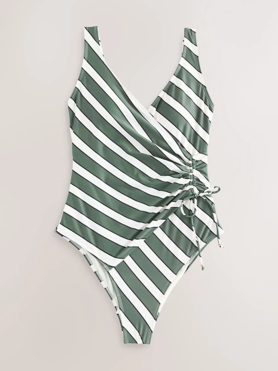 Badkleding|Next Groen/crème Strepen - Badpak met vormgevende zijrimpeling en buikcorrectie