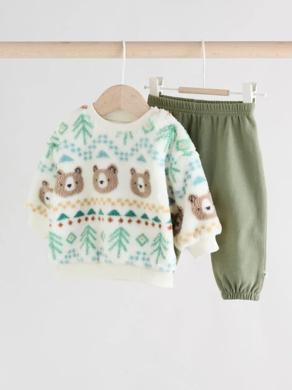 Truien En Breisels|Joggingbroeken|Next - Set van fleece top en joggingbroek voor baby's (0mnd -2jr) Groene beer Fairisle