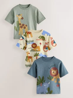 Tops|T-Shirts|Next - Verpakking van 3 T-shirts met korte mouwen en applicatie (3mnd-7jaar) Groene safaridieren