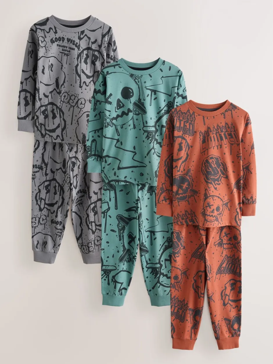 Pyjama's|Nachtkleding En Pyjama's|Next Groen/oranje graffiti-schedel - Verpakking van 3 pyjama's met lange mouwen (3-16 jr)